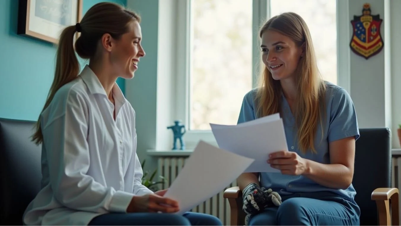 A young female veteran with a prosthetic limb reviewing permanent impairment claim documents with a supportive claims expert in a medical office.