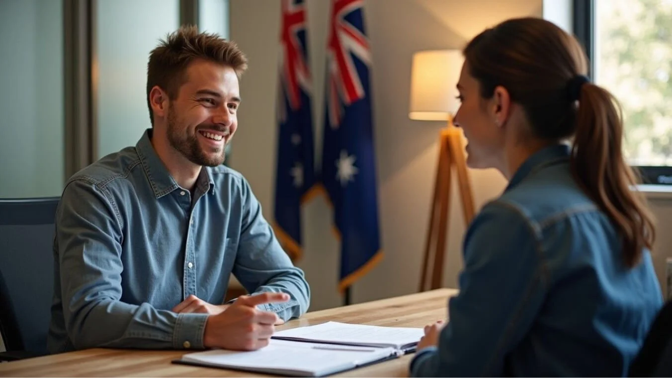 A young male Australian veteran discussing his DVA claim with a supportive female claims expert in a warm office setting.