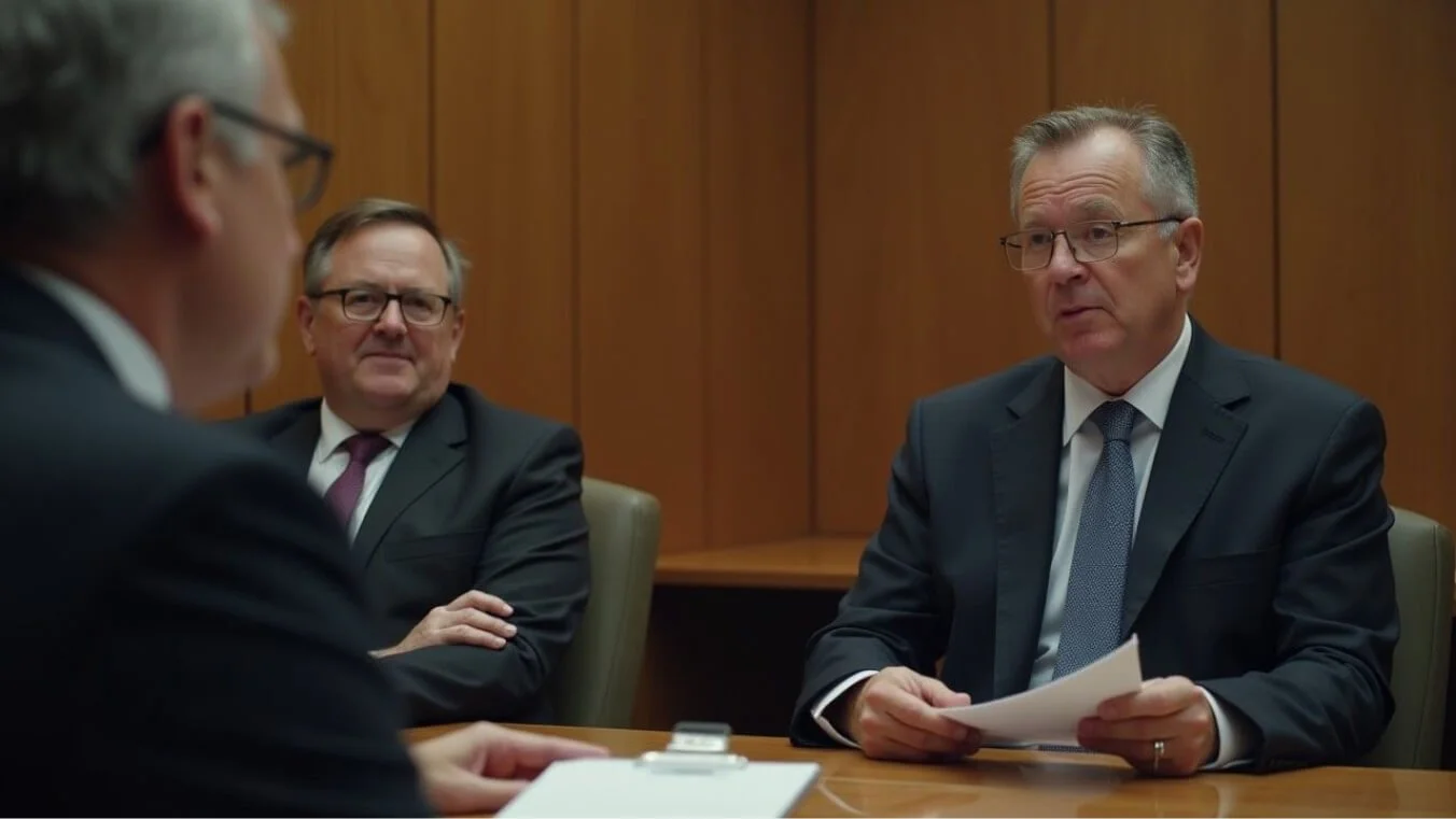 A DVA lawyer presenting evidence in a tribunal while supporting a middle-aged veteran seated beside them.
