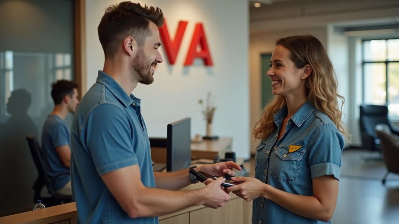 A young veteran in civilian clothing receives a Gold Card from a DVA representative in a professional office. The atmosphere is welcoming and supportive.