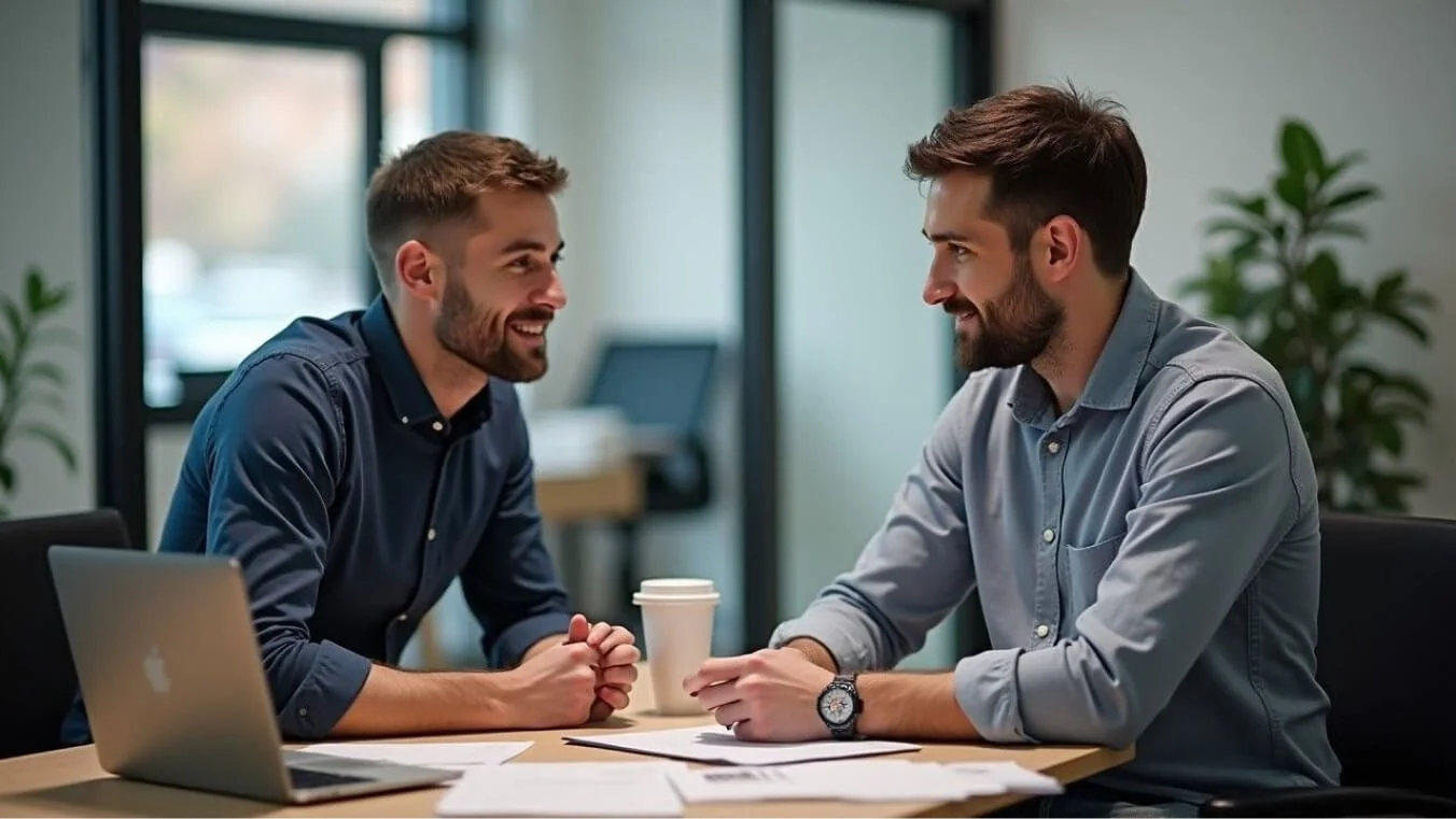 A veteran works with a professional from Veterans First Consulting in a modern office, preparing documents for a Gold Card application. The scene conveys collaboration and support.