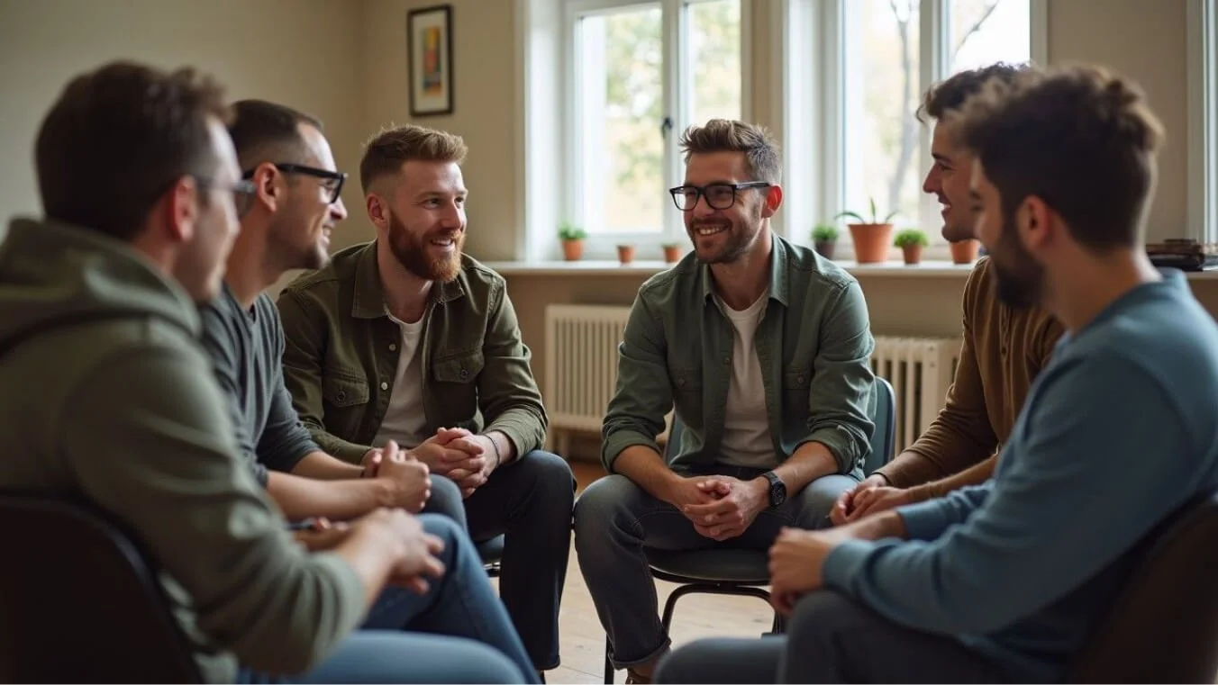 A diverse group of veterans sits in a circle during a peer support session in a community center, sharing experiences and building connections.