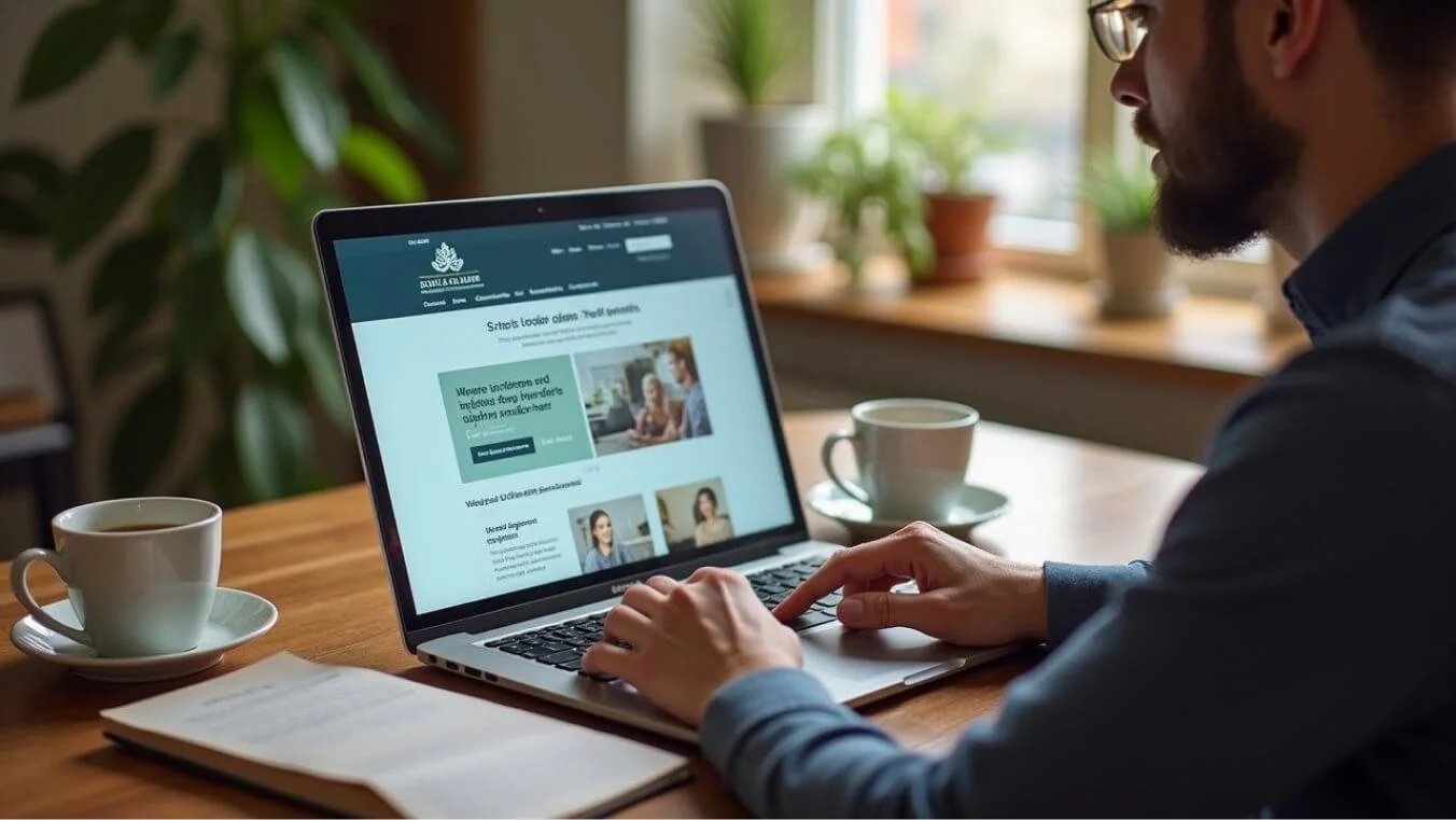 A young veteran uses a laptop at home to access online mental health resources, with a website interface visible on the screen.