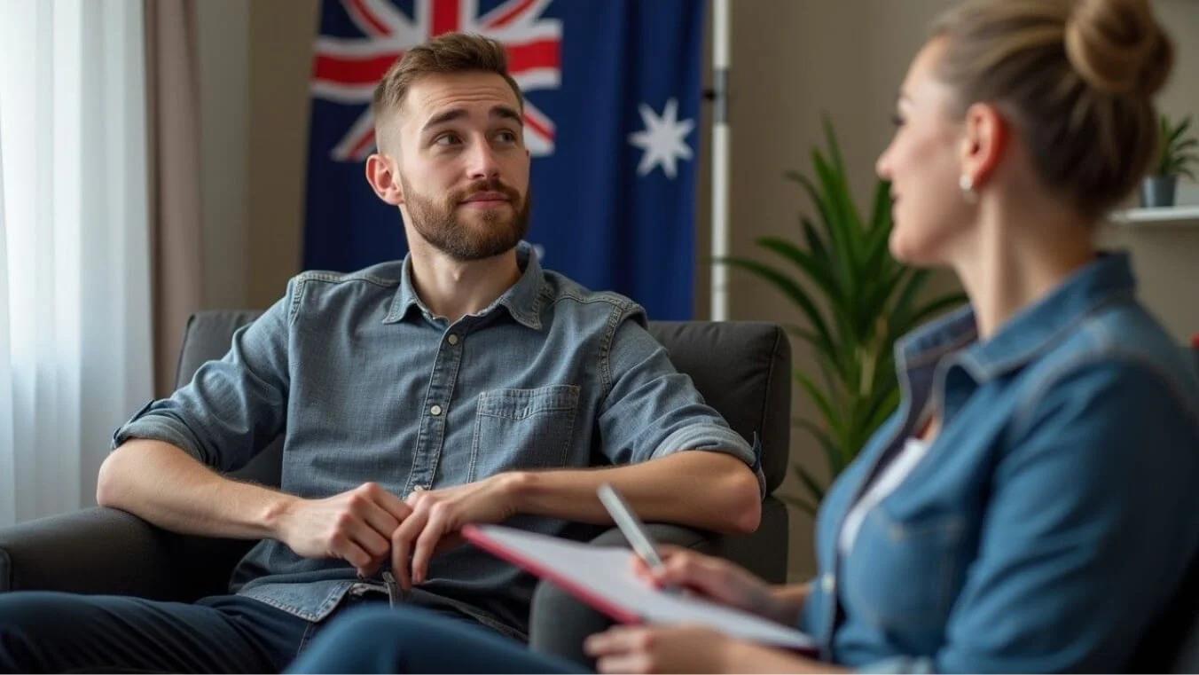 A veteran speaks with a therapist during a counseling session in a professional office, with Australian flags in the background.