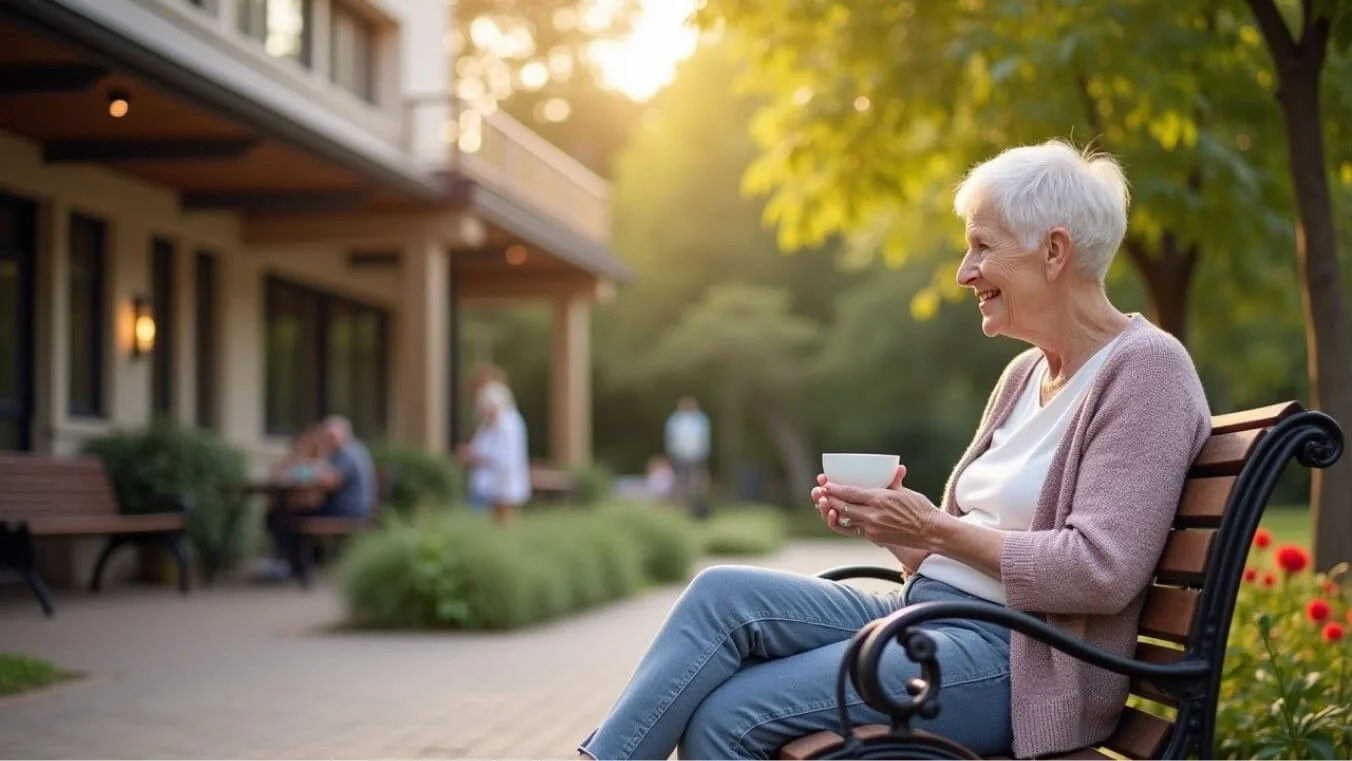 An elderly carer relaxing in a park while their loved one receives respite care, showcasing the support provided by the Veterans’ Home Care Respite Program.