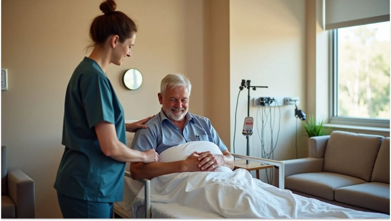 An elderly veteran receiving professional care in a residential respite care facility with assistance from a supportive staff member.