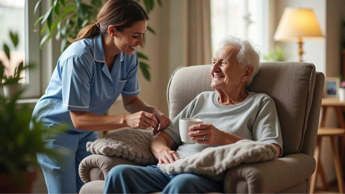 An elderly veteran receiving in-home respite care in a warm and bright Australian home, assisted by a professional caregiver.