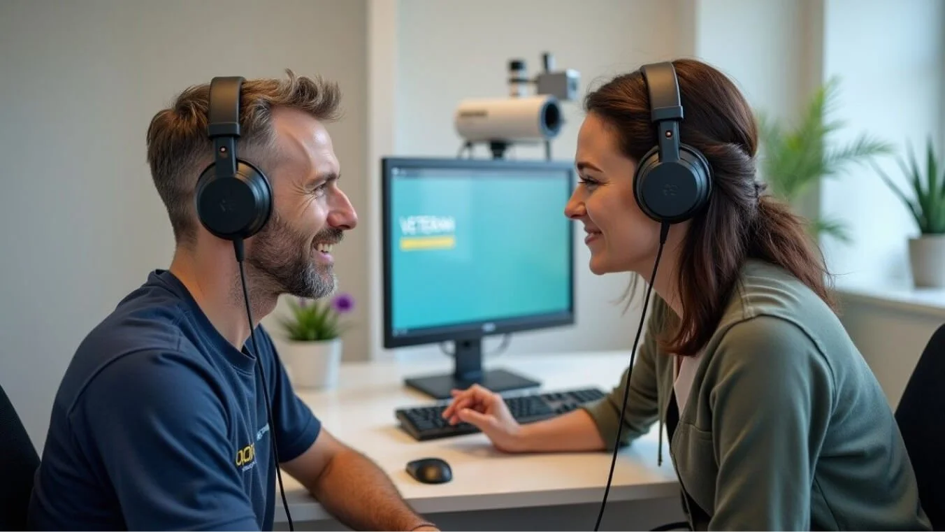A young veteran undergoing a hearing assessment in a modern clinic, guided by a professional audiologist to evaluate tinnitus and hearing loss.