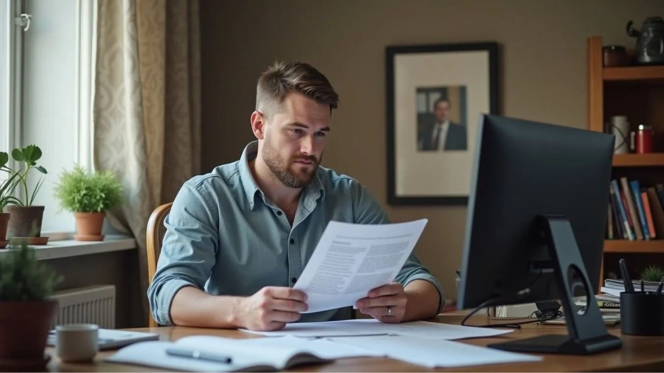 A veteran at home reviewing medical reports and service records while preparing a tinnitus compensation claim.