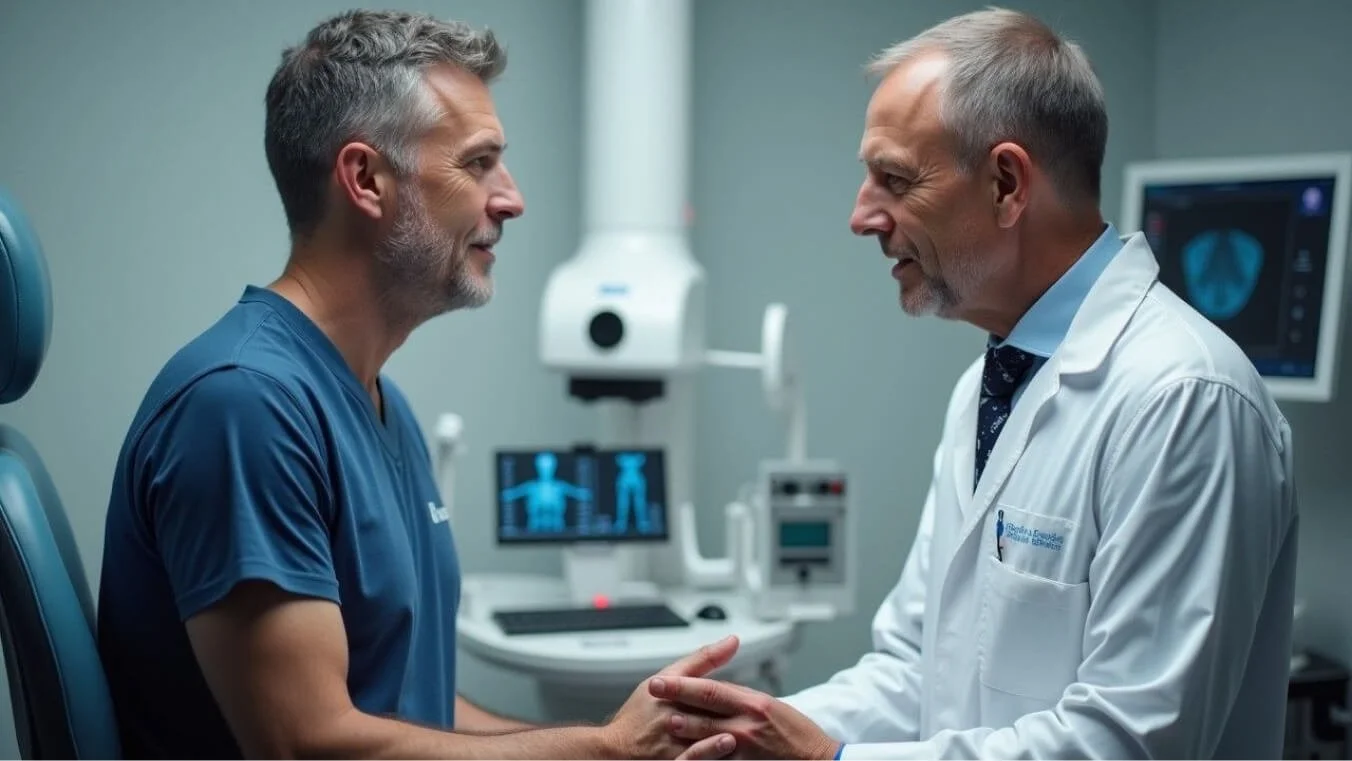 A veteran consulting a medical specialist in a modern clinic, discussing DVA-covered health conditions and treatment options.