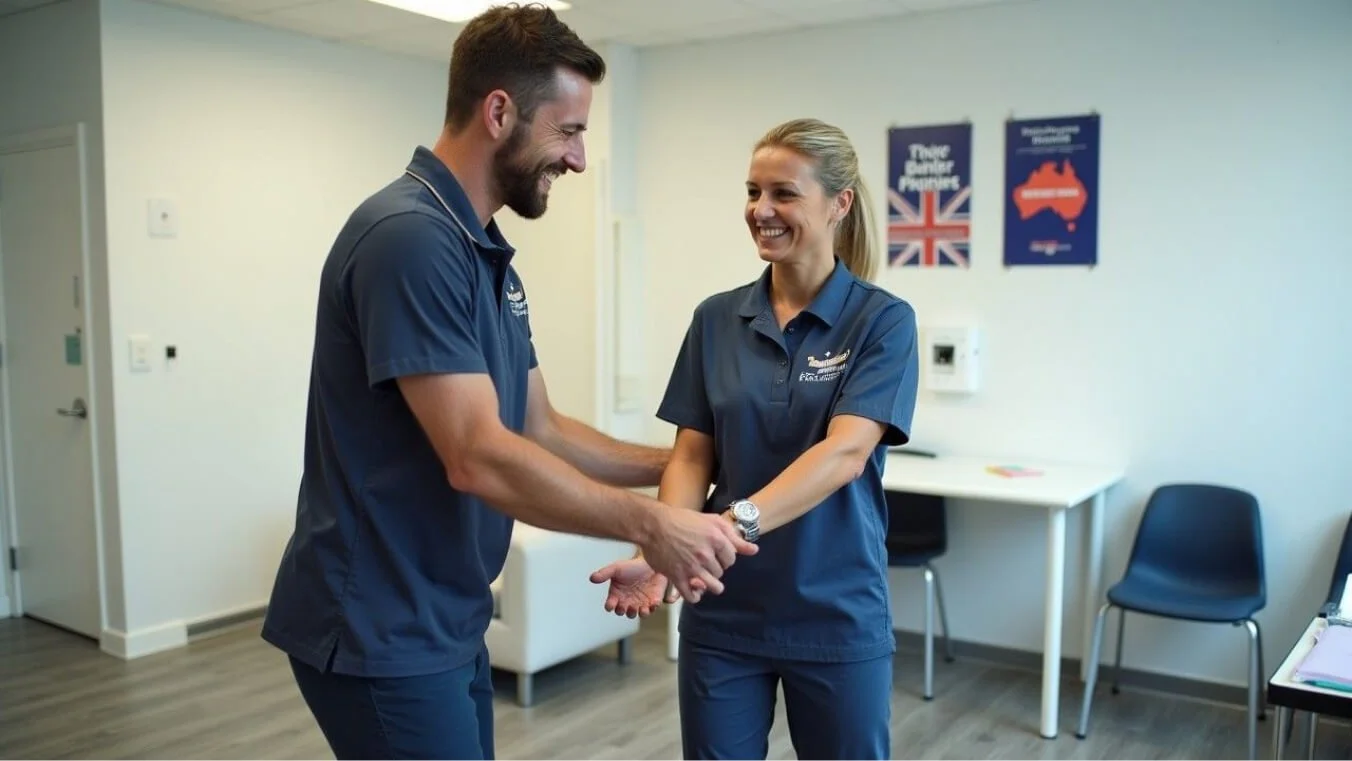 A young veteran receiving physiotherapy support for recovery in a modern allied health clinic funded through DVA services.