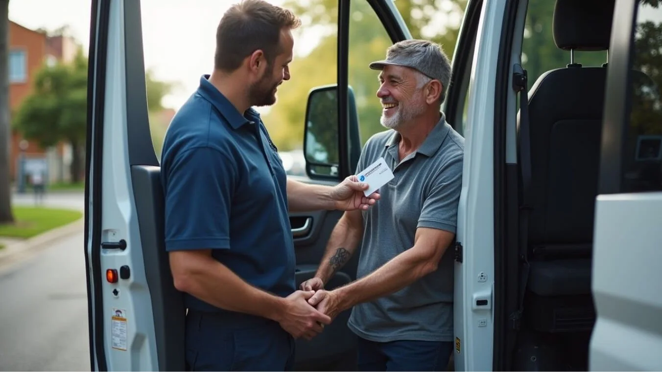 A veteran using DVA transport assistance for a medical appointment, assisted by a professional driver, reflecting accessibility and support.