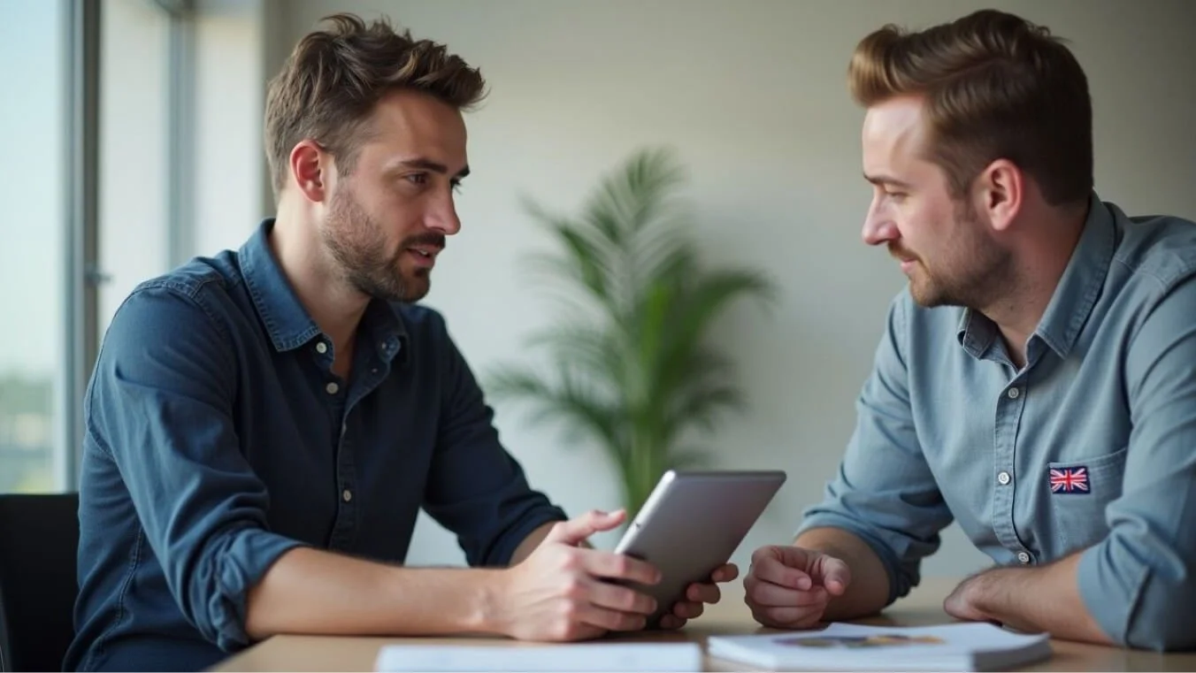 A young veteran, aged 18–30, consults with an expert about DVA 80 points child payment, emphasising accessible guidance and support.