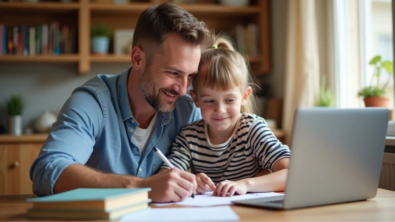 A veteran parent, aged 30–40, helps their school-aged child with homework at the dining table, highlighting family support through DVA 80 points child payment.