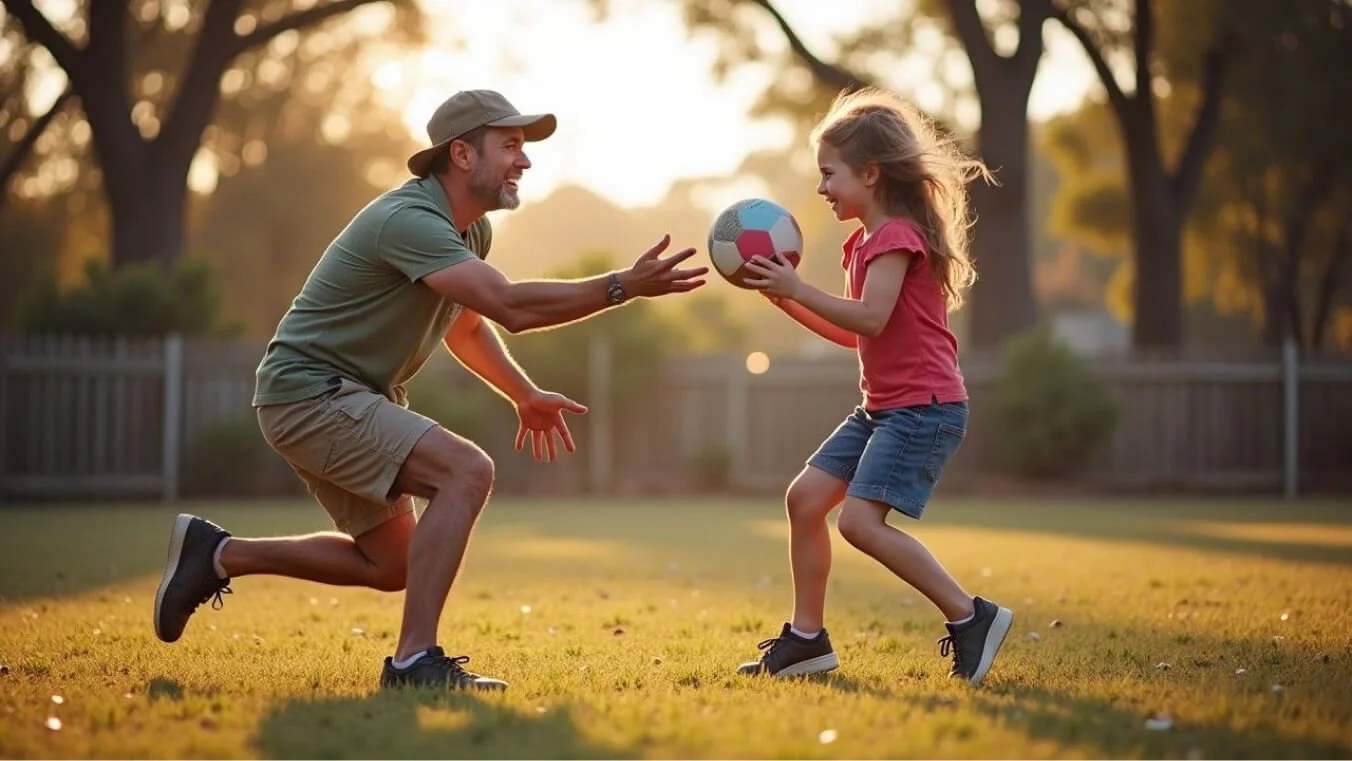 A veteran, aged 25–40, plays with their children in an outdoor Australian park, showcasing the family-focused support provided by the DVA 80 points child payment.