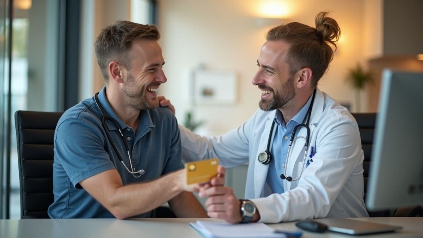 A veteran in a modern clinic in Western Australia holding a DVA Gold Card while consulting with a doctor, representing healthcare entitlements.