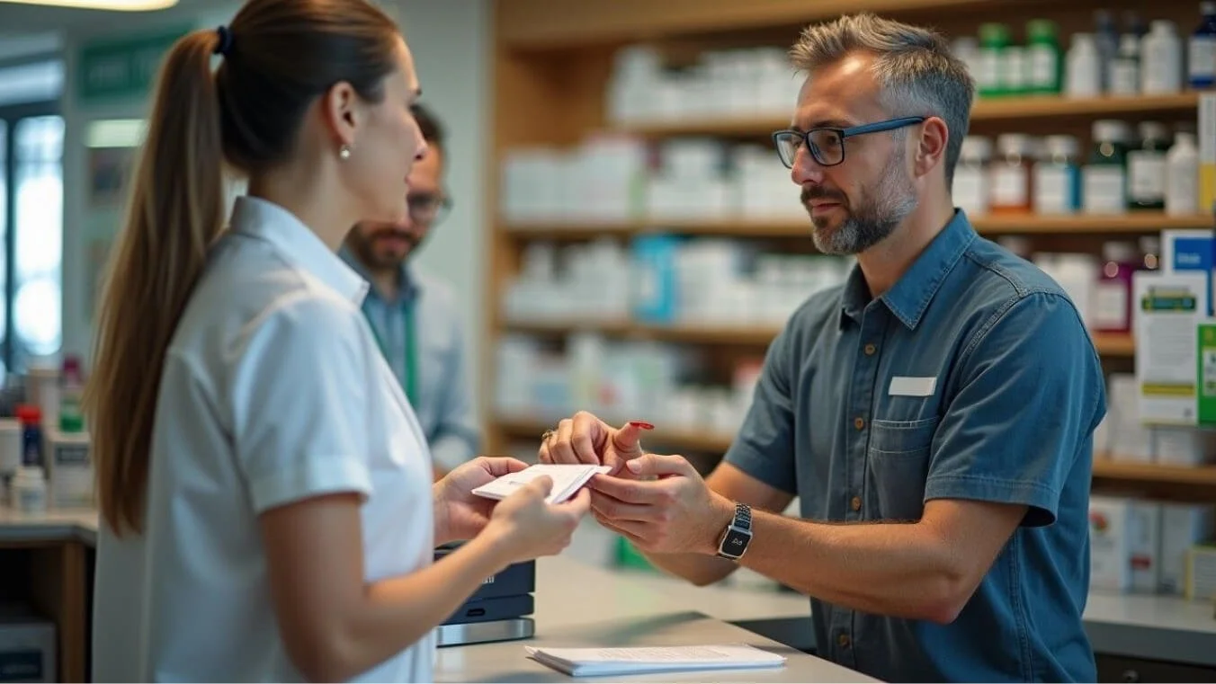 A veteran at a pharmacy counter receiving a prescription for medicinal cannabis. The pharmacist smiles while handing over the package.