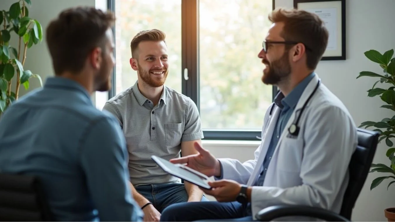 A young veteran discussing medicinal cannabis with a doctor in a professional office. The veteran looks engaged as the doctor uses a tablet to explain the process.