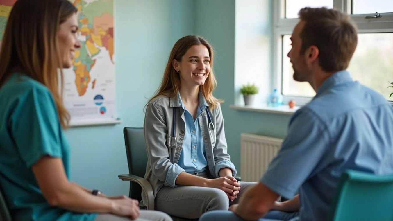 A young female veteran discussing her healthcare needs with an empathetic provider in a consultation room.