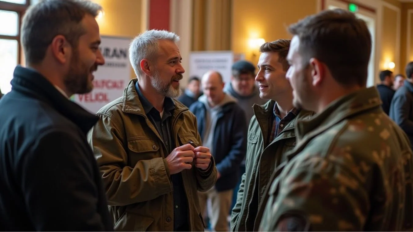 A diverse group of veterans networking at a community event in a warm, welcoming indoor space.