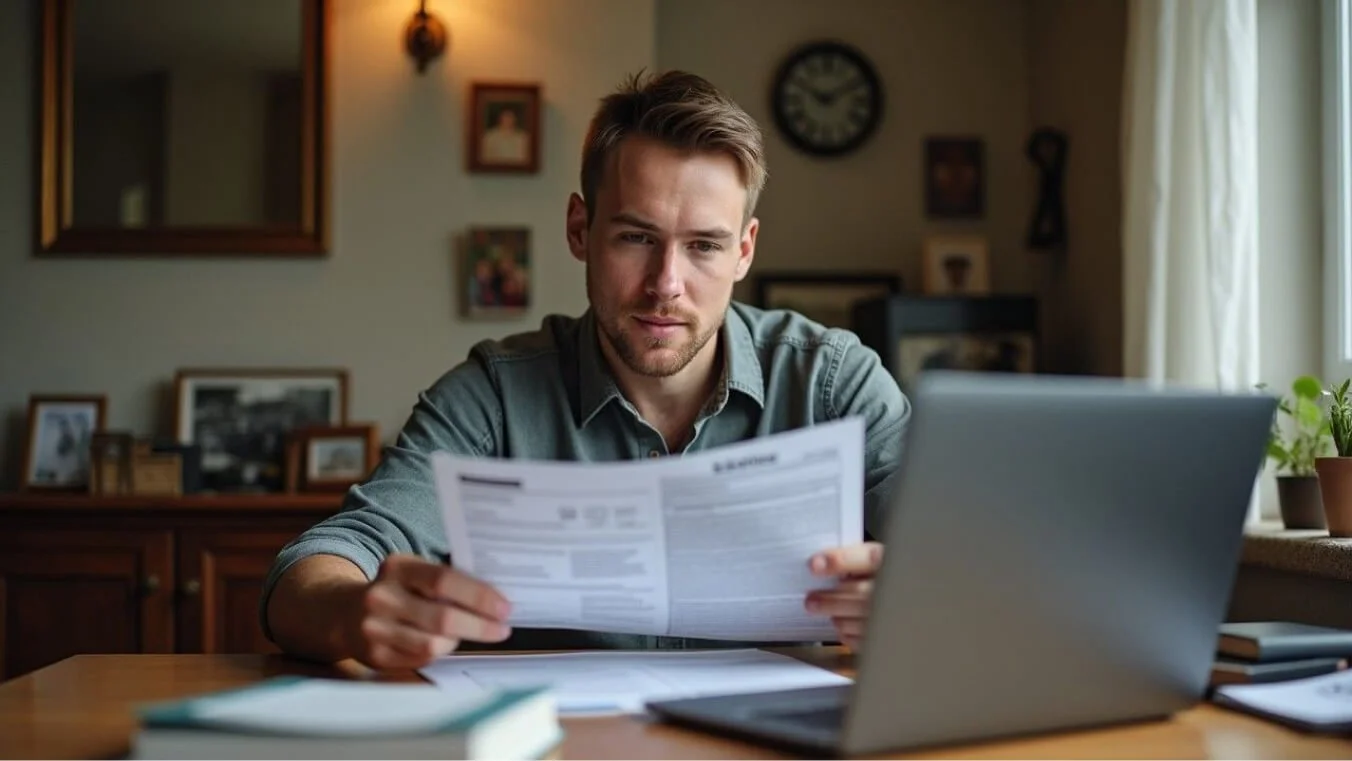 A young male veteran at home reviewing service documents on a desk, reflecting focus and determination.