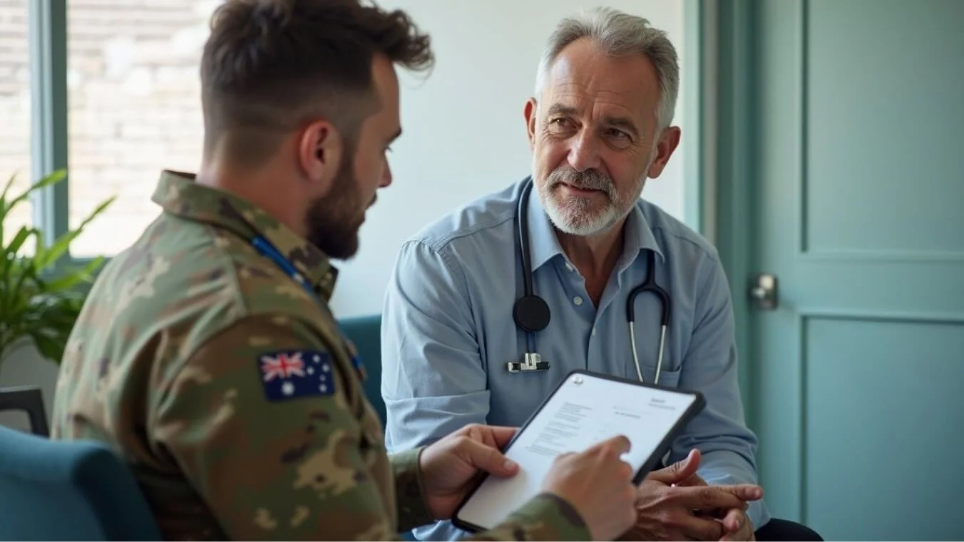 Young Australian veteran collaborating with a GP on a care plan in a modern clinic setting.
