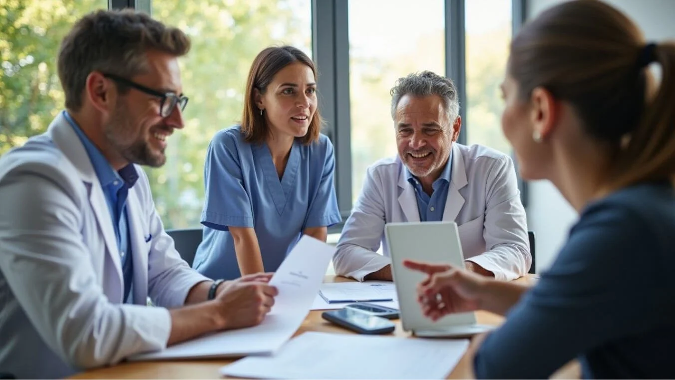 Diverse healthcare team, including a GP and care coordinator, discussing an Australian veteran’s individualised care plan.