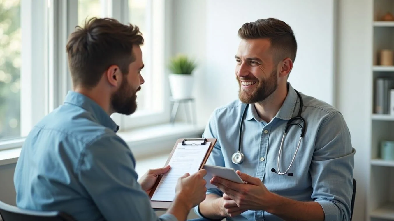 A veteran in casual clothing consults with a GP in a medical office, reviewing health records in a supportive environment.