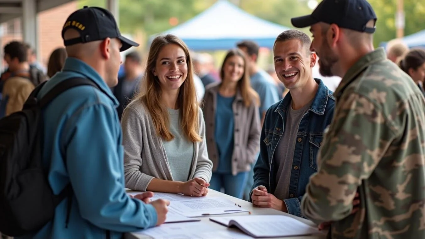 A diverse group of veterans interacts with a healthcare professional at a community event focused on health services and resources.