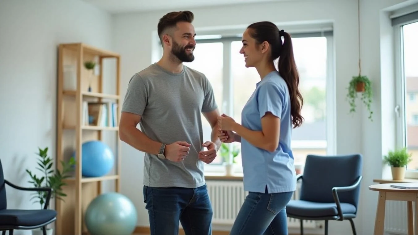 A veteran participates in a rehabilitation session guided by a therapist in a modern clinic, focusing on recovery and health improvement through tailored care.