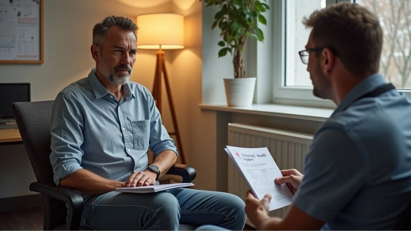 A young veteran discusses their healthcare plan with a GP in a warm and professional office, highlighting tailored advice and post-service support for the veteran community.