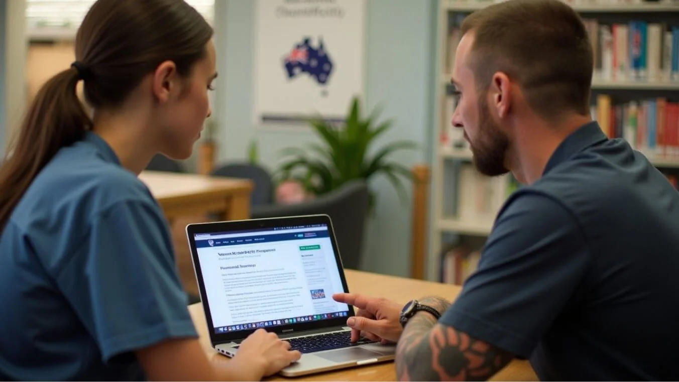 A young veteran accesses online health resources on a laptop, supported by a health professional in a community center, demonstrating collaboration and digital accessibility.