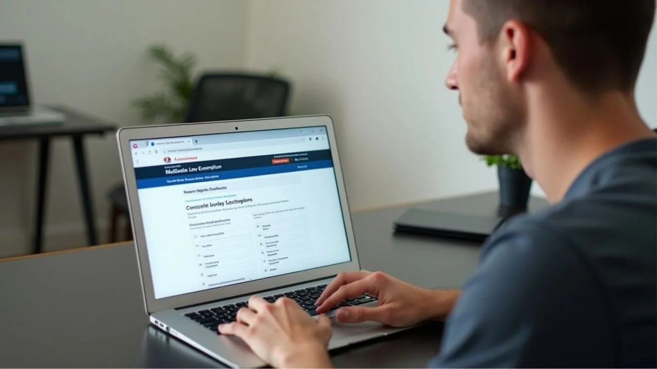 A young veteran uses a laptop to apply for the Medicare Levy Exemption through the Australian Taxation Office website.