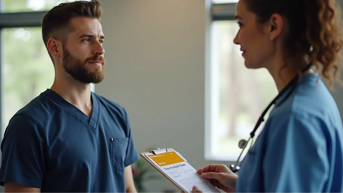 A healthcare professional explains DVA Gold Card benefits to a young veteran in a supportive medical office setting.