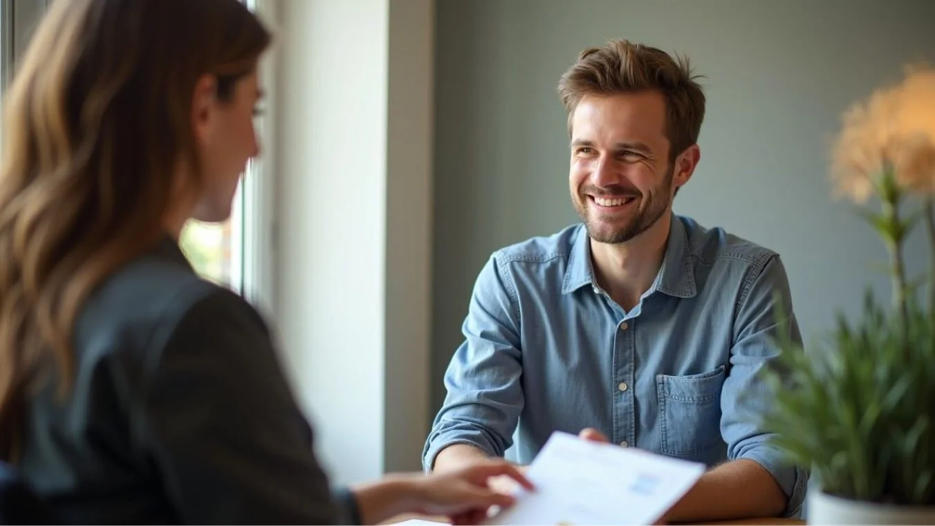 A young veteran discusses the Medicare Levy Surcharge Exemption with a consultant while reviewing a DVA Gold Card.