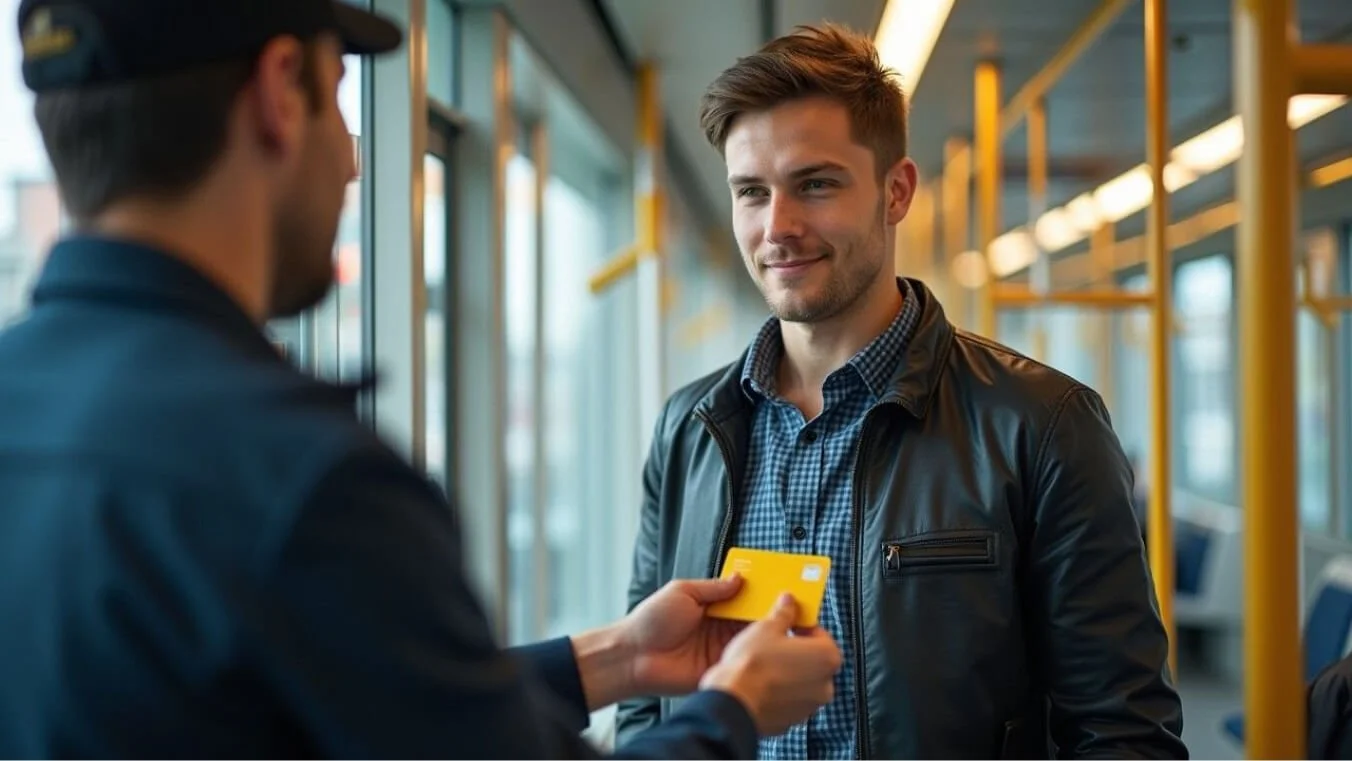 Young Australian veteran using a TPI Gold Card to access public transport discounts at a modern transit station.