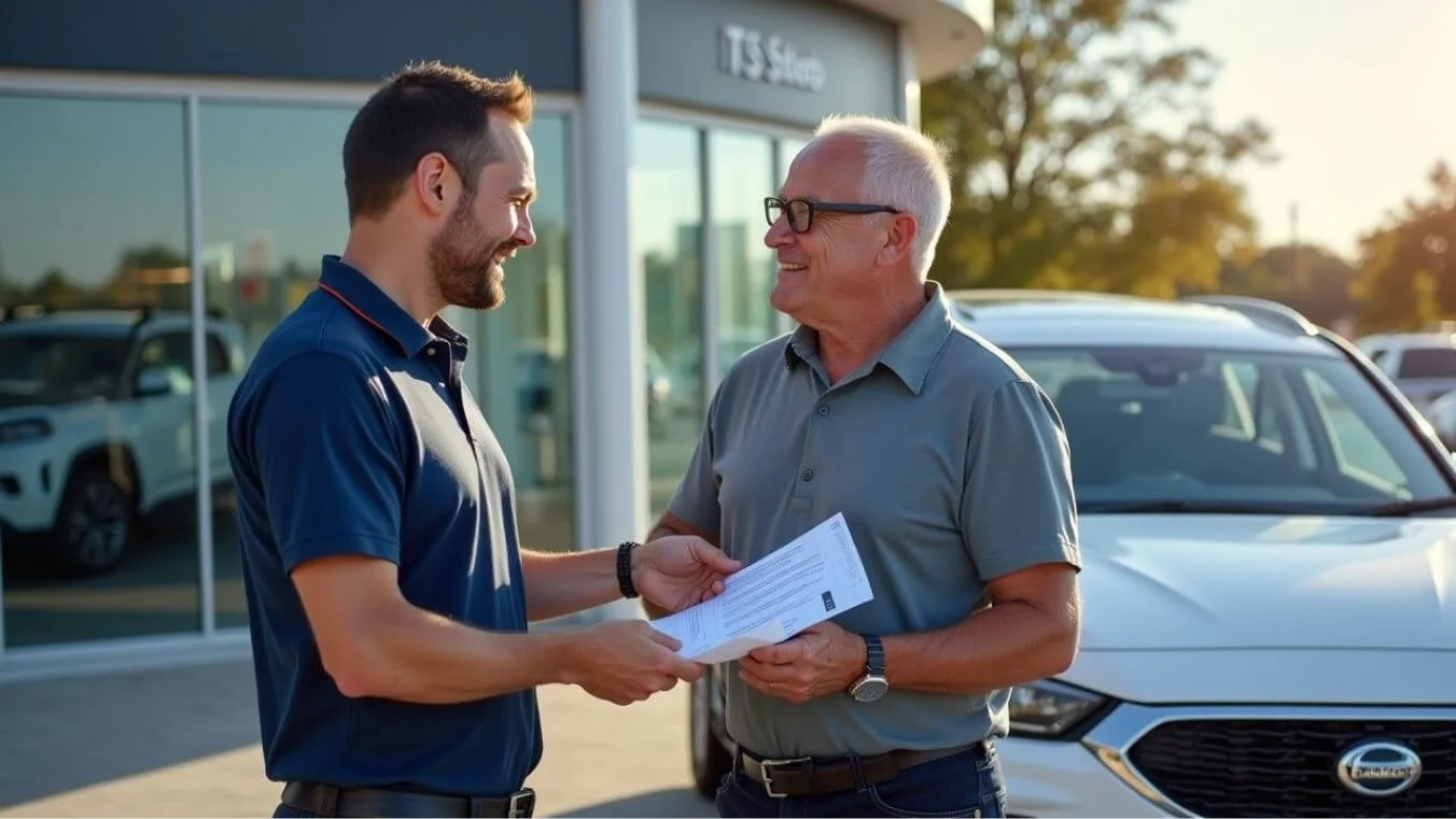 Veteran finalizing a vehicle purchase with an approved dealer, using TPI Gold Card GST exemption benefits in an Australian car dealership.