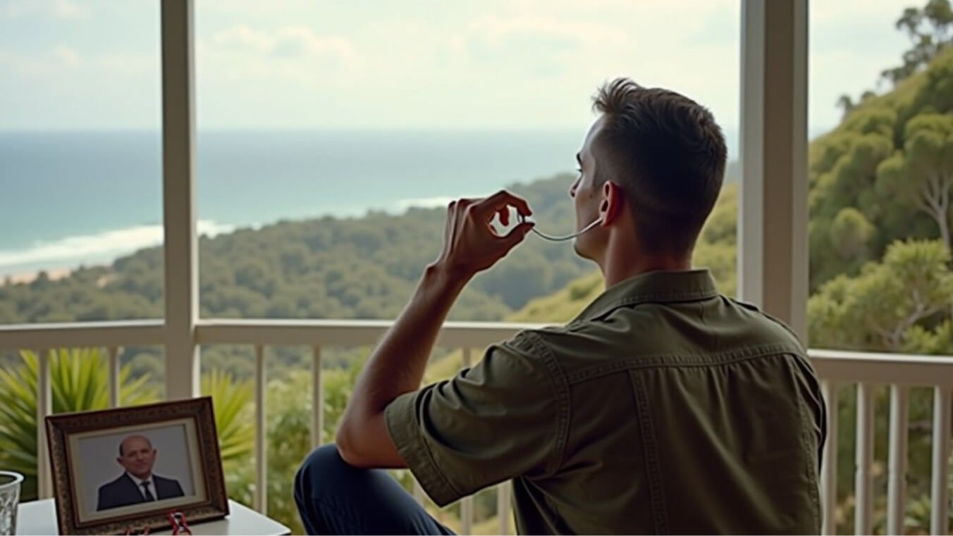 A veteran sitting on a veranda holding a hearing aid, reflecting on service-related hearing loss, with an Australian landscape in the background.