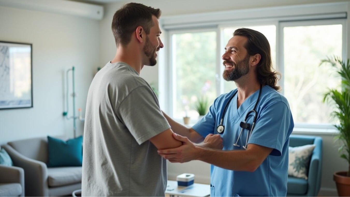 A male veteran receiving compassionate convalescent care from a nurse in a modern facility, highlighting comfort and safety.