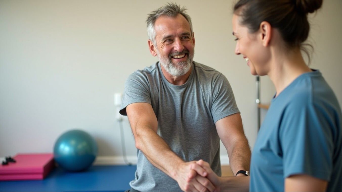 A veteran doing rehabilitation exercises with a physiotherapist, showcasing supportive, goal-oriented recovery.