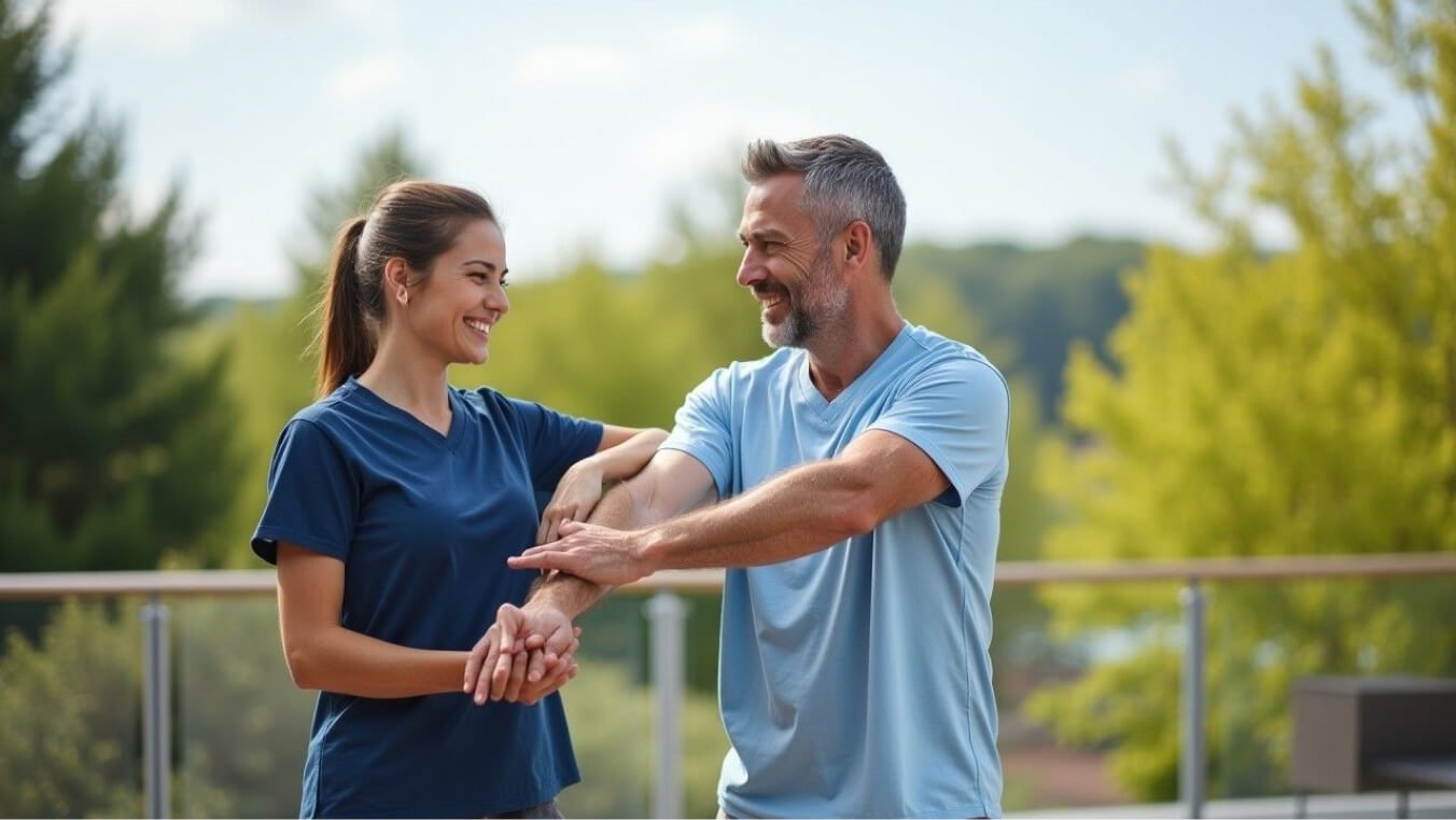 A veteran engaging in outdoor physical therapy with a therapist, showcasing a calm, supportive recovery environment.