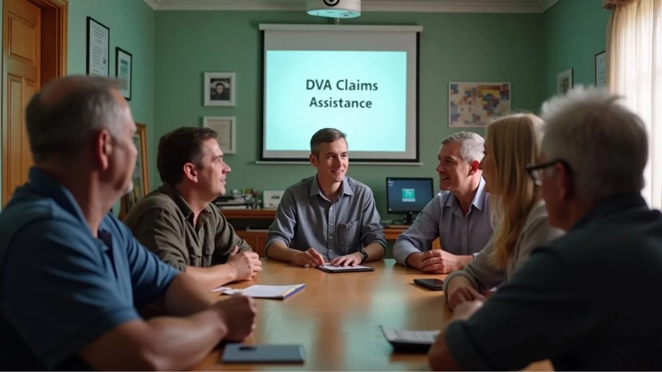 A veteran attending a community workshop on DVA claims assistance, engaged with other veterans and a support specialist.
