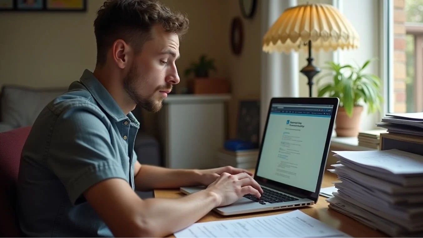 Young veteran at home preparing service documents for DVA initial liability claim, focused and organised..