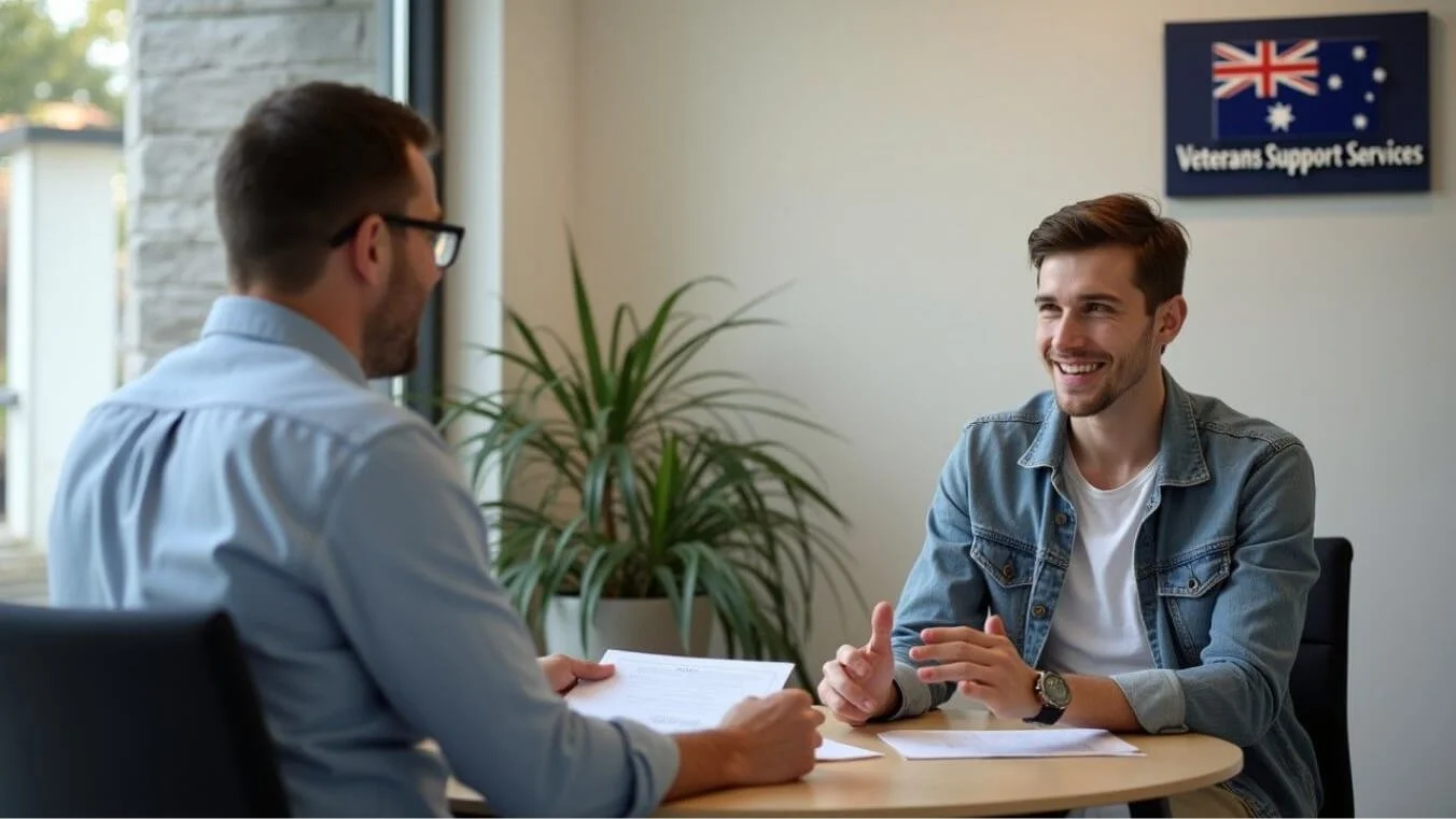 Support specialist offering guidance on DVA initial liability claims in a welcoming office setting.