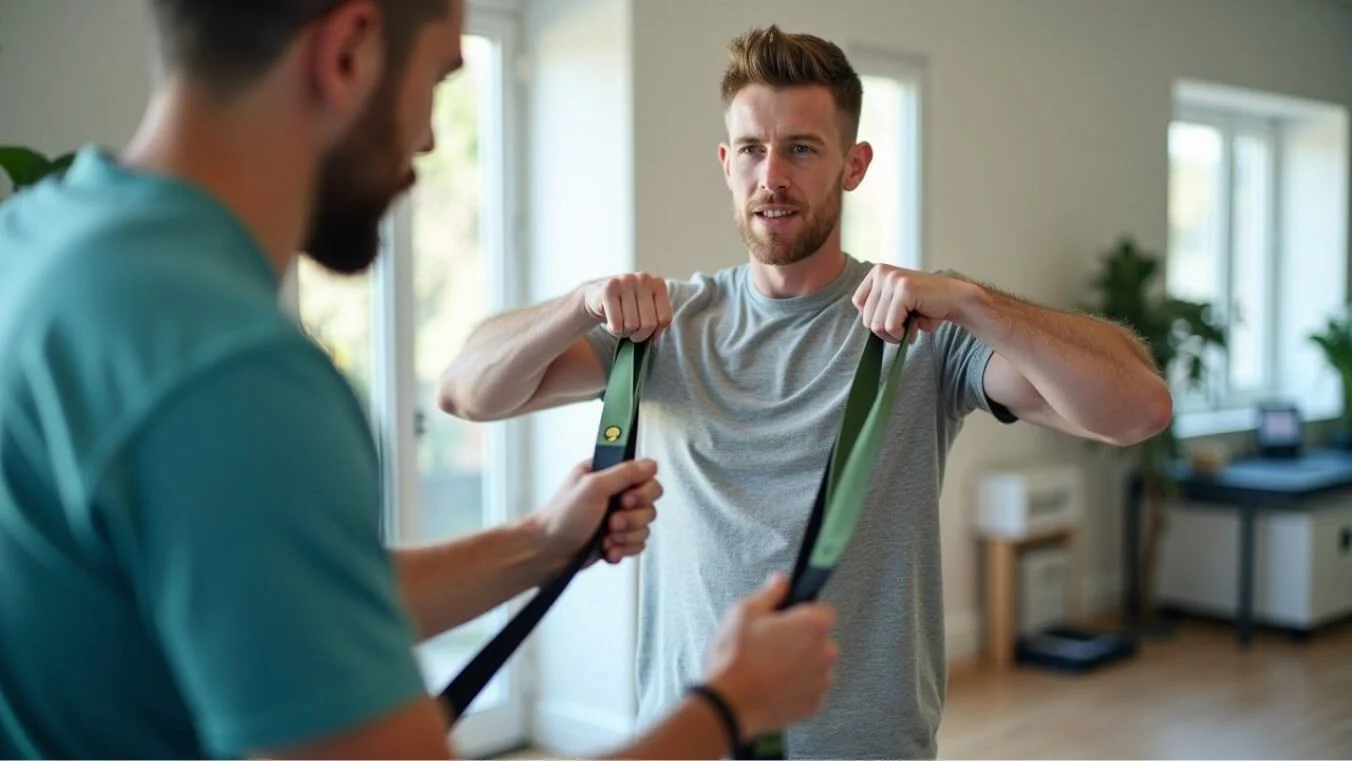 Young male veteran engaged in a strength-building physiotherapy session with guidance from a DVA physiotherapist.