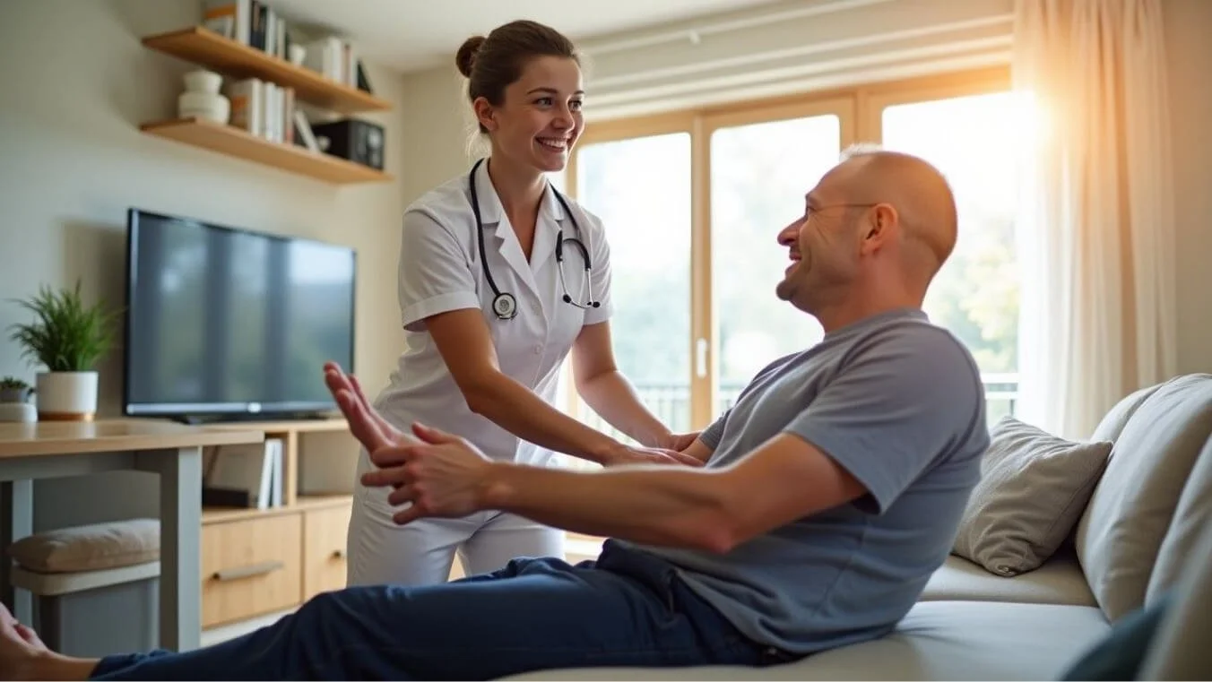 A veteran receiving home-based physiotherapy support from a DVA physiotherapist, focused on mobility and pain relief.