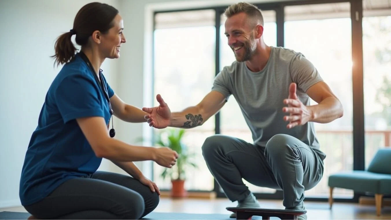 Veteran practicing mobility exercises with a DVA physiotherapist, focusing on balance and flexibility.