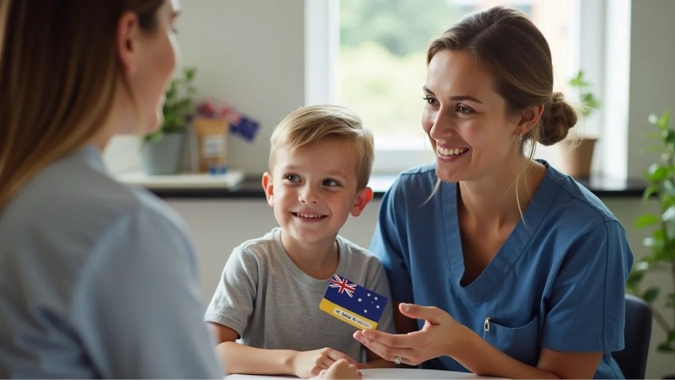 A healthcare provider explains services to a mother and child, highlighting DVA Gold Card support for family health needs.