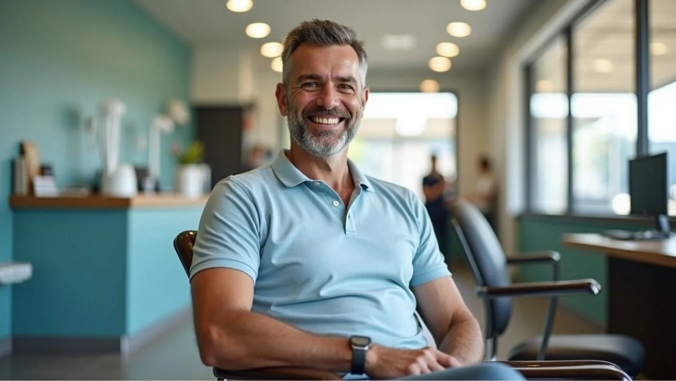 Veteran relaxing after a dental check-up in a modern clinic, reflecting ease of access to dental care with the DVA Gold Card.