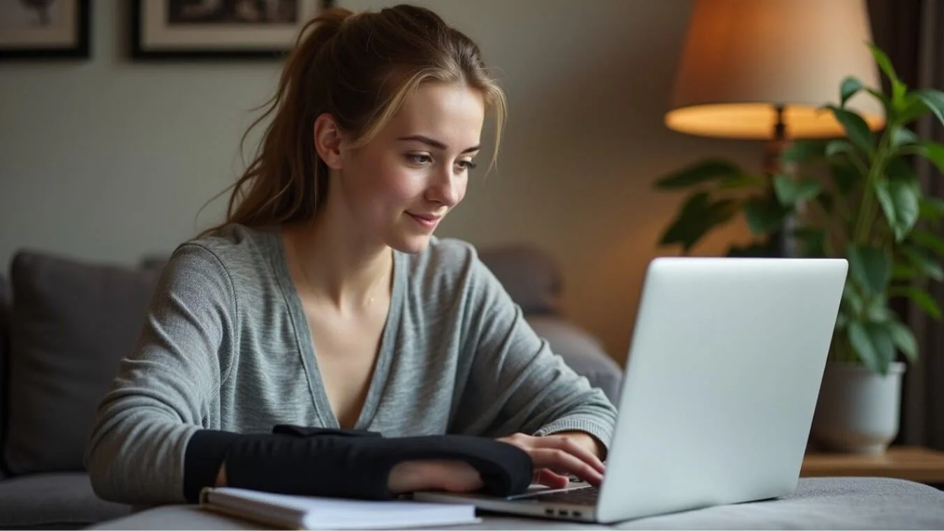Young female veteran with a wrist brace working from home, emphasising resilience and adaptability in a comfortable home setting.